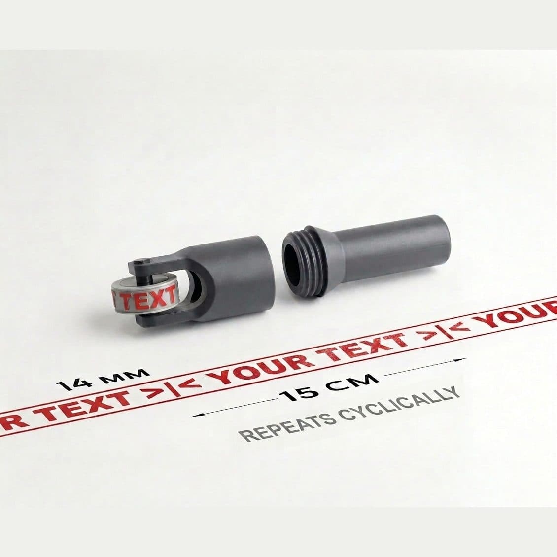 LogoRolly M roller stamp printing a 15mm band with a 15cm repeating imprint that repeats cyclically